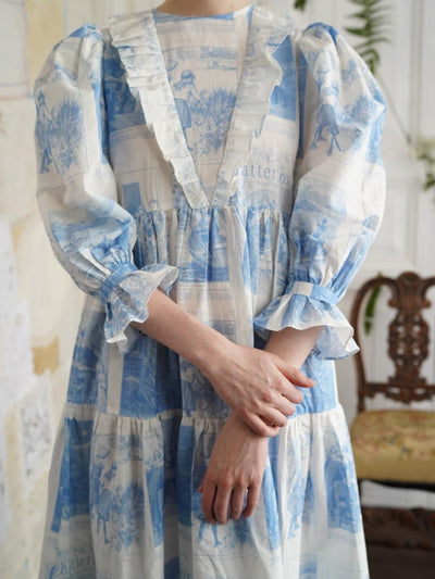 Unlogical Poem Retro Illustrated Print Ruffled Puff Sleeve Dress
