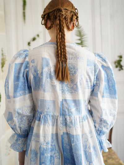 Unlogical Poem Retro Illustrated Print Ruffled Puff Sleeve Dress
