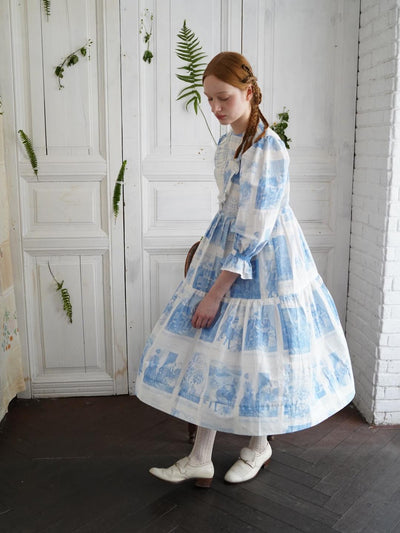 Unlogical Poem Retro Illustrated Print Ruffled Puff Sleeve Dress