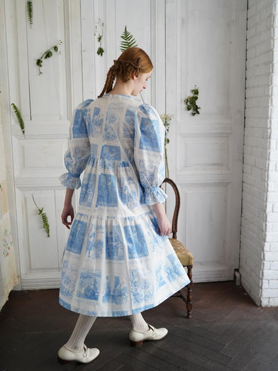 Unlogical Poem Retro Illustrated Print Ruffled Puff Sleeve Dress