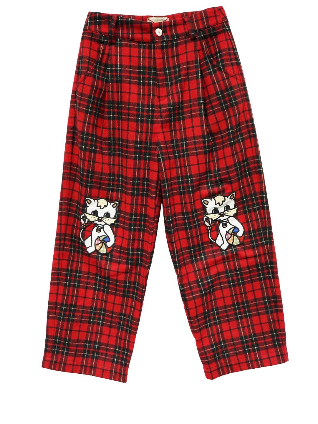 Unlogical Poem Cat Embroidered Patchwork Red Tartan Woolen Cropped Trousers