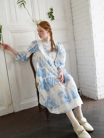 Unlogical Poem Retro Illustrated Print Ruffled Puff Sleeve Dress