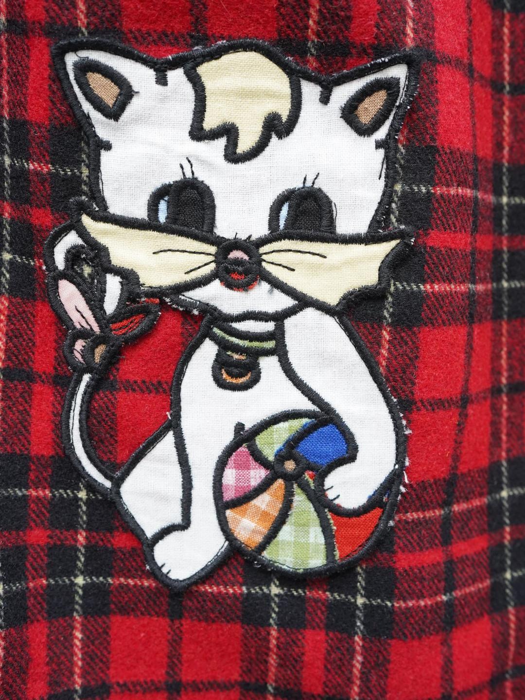 Unlogical Poem Cat Embroidered Patchwork Red Tartan Woolen Cropped Trousers
