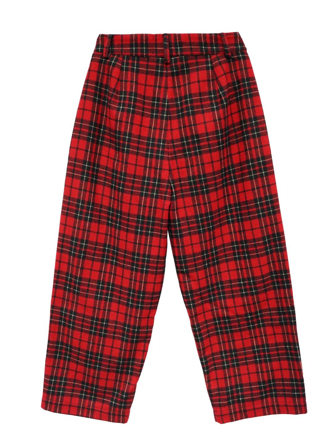 Unlogical Poem Cat Embroidered Patchwork Red Tartan Woolen Cropped Trousers