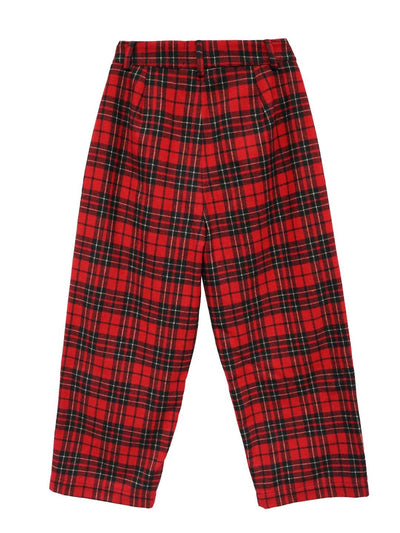 Unlogical Poem Cat Embroidered Patchwork Red Tartan Woolen Cropped Trousers