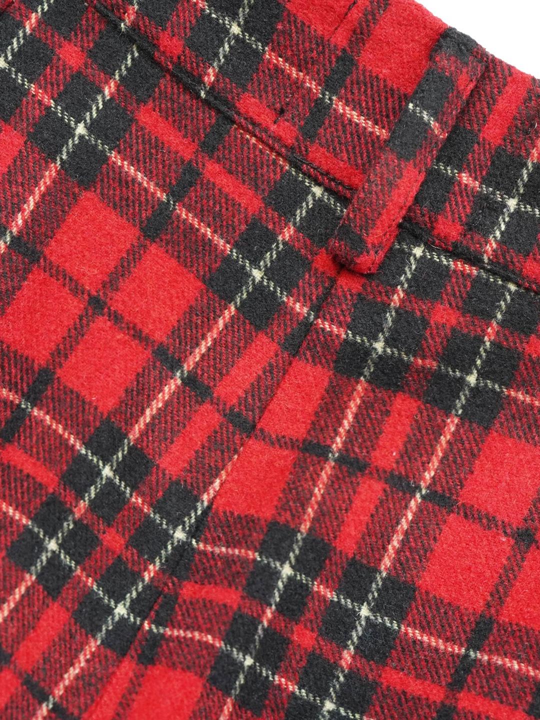 Unlogical Poem Cat Embroidered Patchwork Red Tartan Woolen Cropped Trousers