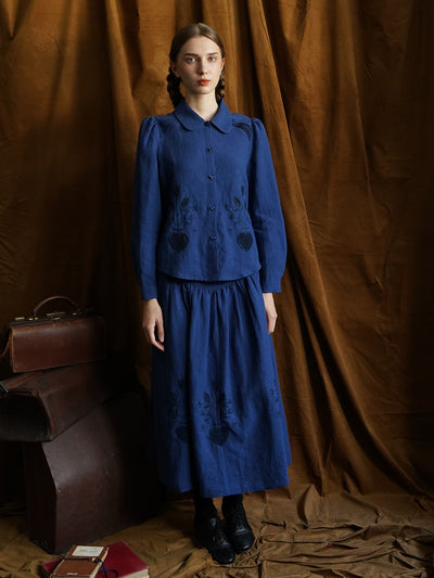 Unlogical Poem Victorian style Floral Embroidered Pleated Blue Hemp Shirt