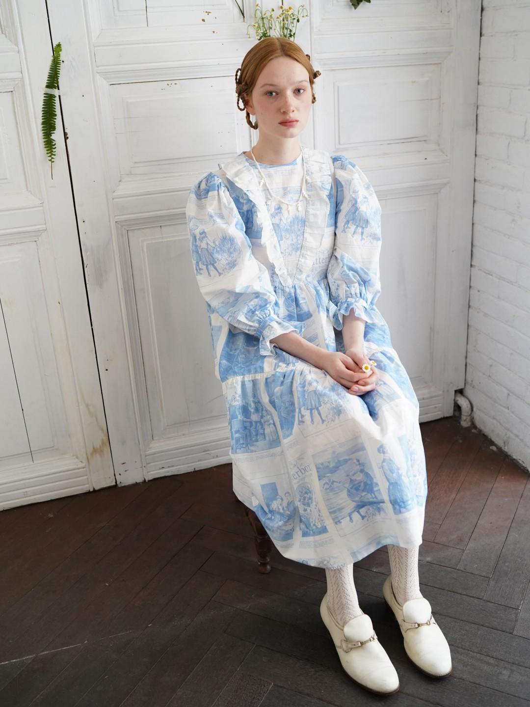 Unlogical Poem Retro Illustrated Print Ruffled Puff Sleeve Dress