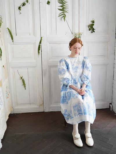 Unlogical Poem Retro Illustrated Print Ruffled Puff Sleeve Dress