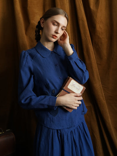 Unlogical Poem Victorian style Floral Embroidered Pleated Blue Hemp Shirt