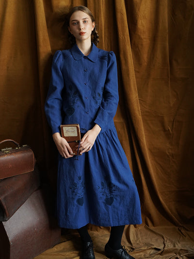 Unlogical Poem Victorian style Floral Embroidered Pleated Blue Hemp Shirt