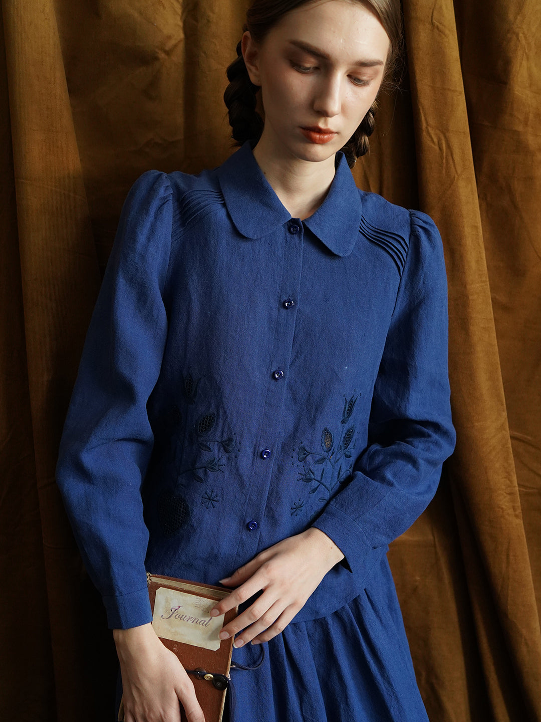 Unlogical Poem Victorian style Floral Embroidered Pleated Blue Hemp Shirt