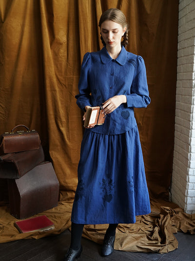 Unlogical Poem Victorian style Floral Embroidered Pleated Blue Hemp Shirt