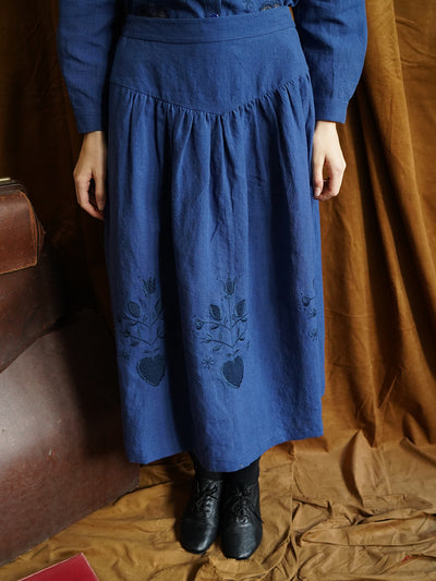 Unlogical Poem Floral Hollow Embroidery Blue/Brown Hemp Skirt