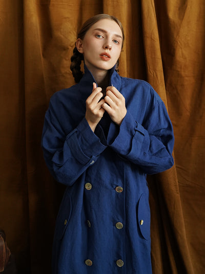 Unlogical Poem Hand-embroidered Bow-knot Appliques Blue Hemp Trench coat