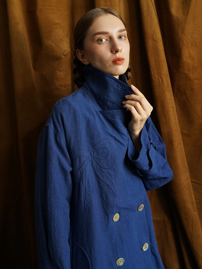 Unlogical Poem Hand-embroidered Bow-knot Appliques Blue Hemp Trench coat