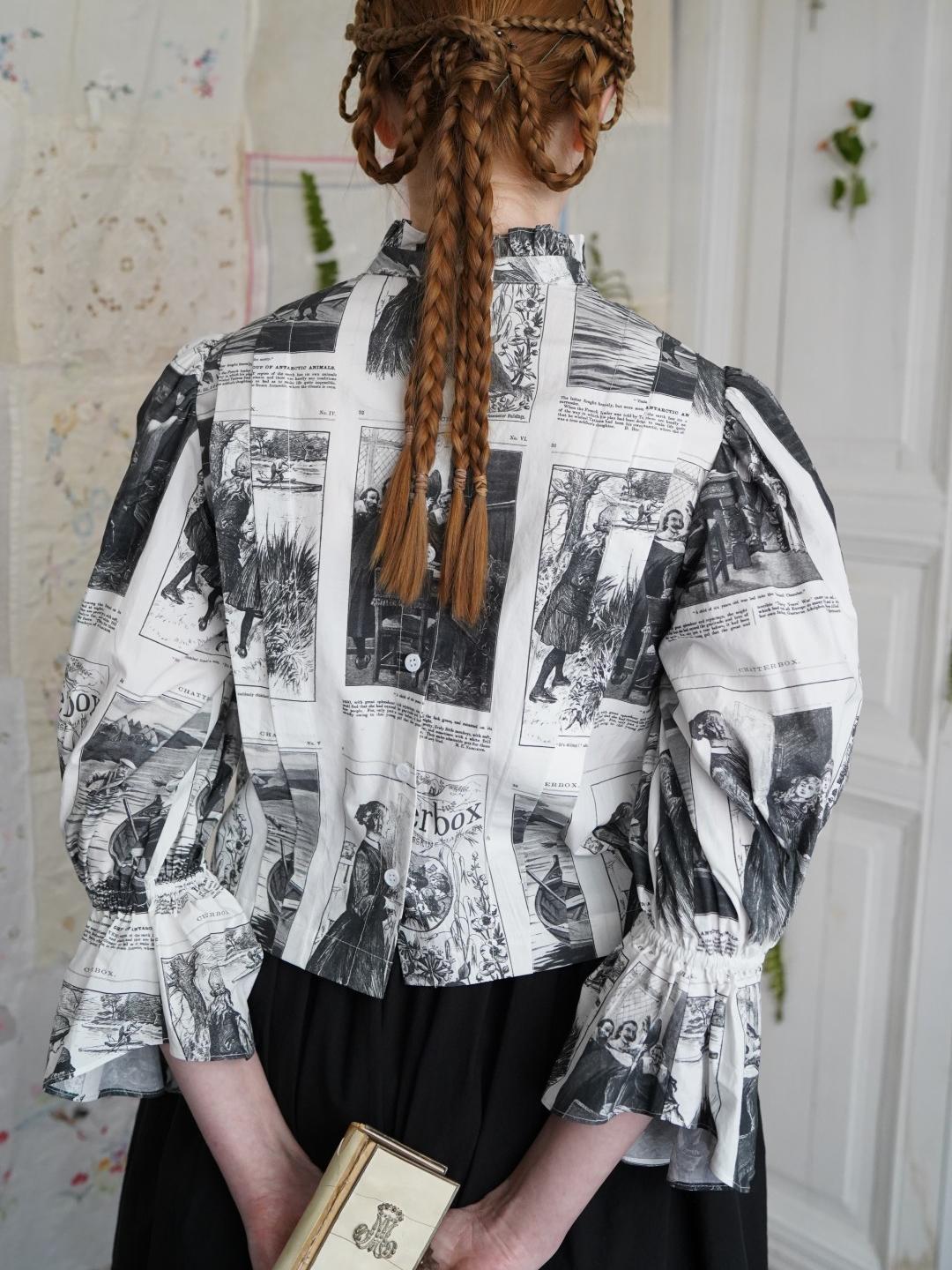 Unlogical Poem Victorian Stand Collar Blouse with Leg-of-Mutton Sleeve