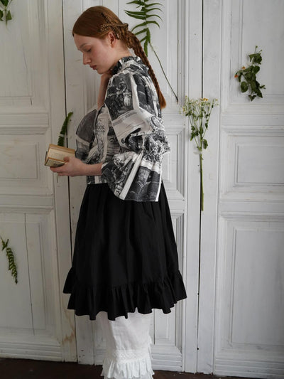 Unlogical Poem Double-Layered Printed Mesh Skirt with Petal Ruffles and Bubble Hem