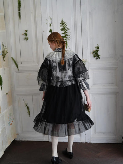 Unlogical Poem  Stylish Playful Ruffled Collar Mesh Print Dress