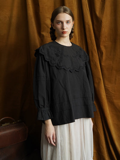 Unlogical Poem Victorian style Hollow Embroidery Black Shirt