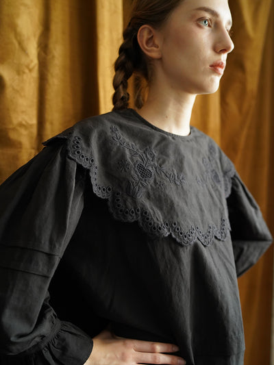 Unlogical Poem Victorian style Hollow Embroidery Black Shirt