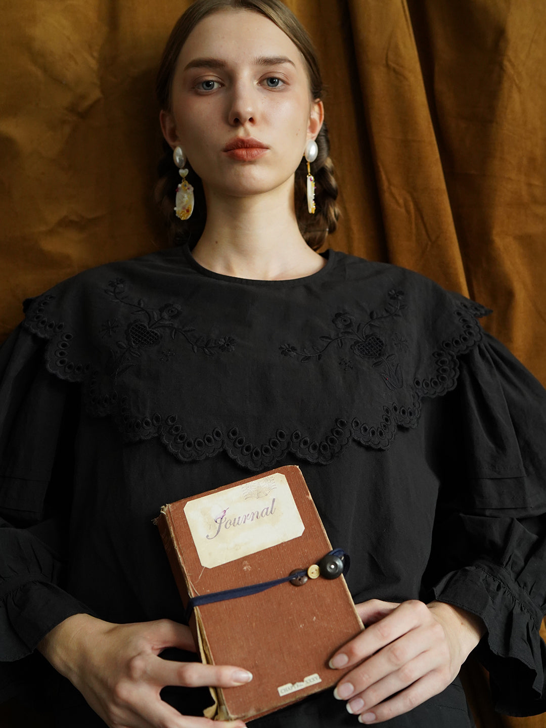 Unlogical Poem Victorian style Hollow Embroidery Black Shirt