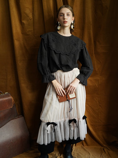 Unlogical Poem Victorian style Hollow Embroidery Black Shirt