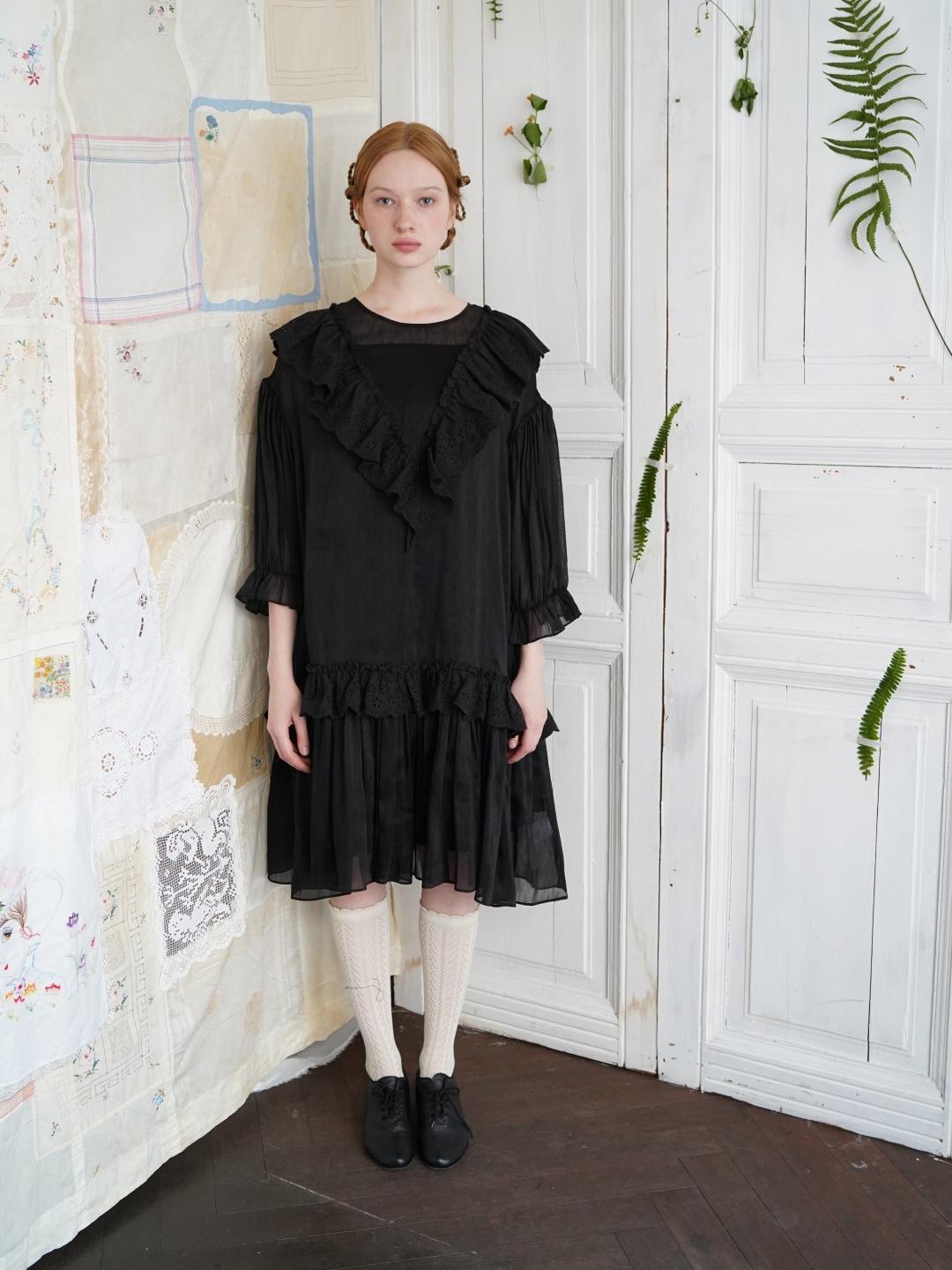 Unlogical Poem V-neck Ruffled Silhouette Embroidered Dress