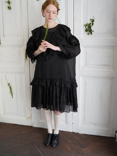 Unlogical Poem V-neck Ruffled Silhouette Embroidered Dress