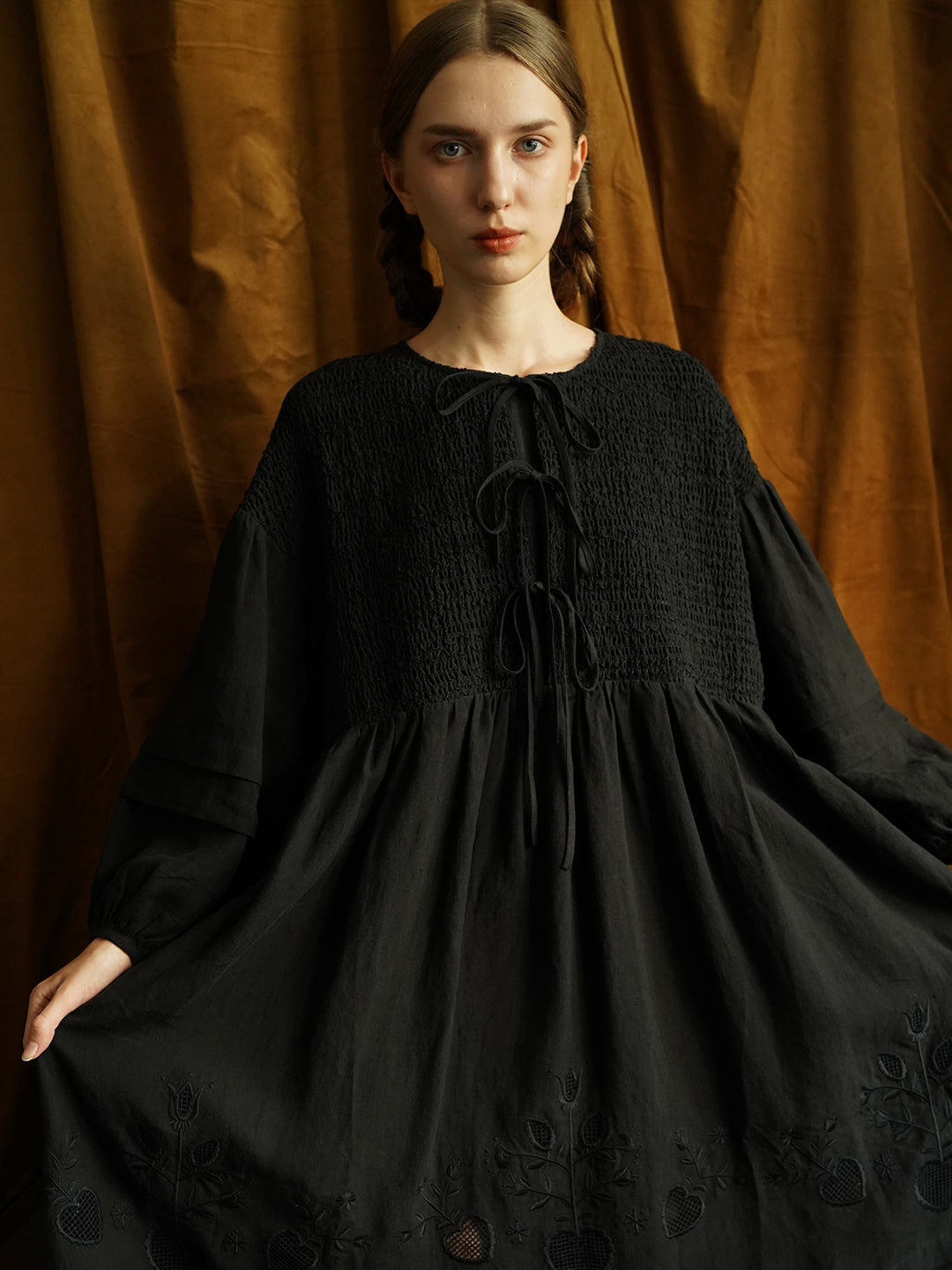 Unlogical Poem Victorian style Floral Embroidered Shirr Black Hemp Dress