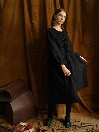 Unlogical Poem Victorian style Floral Embroidered Shirr Black Hemp Dress