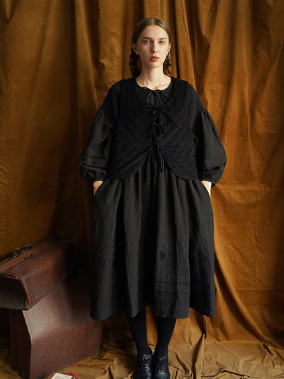 Unlogical Poem Victorian style Floral Embroidered Shirr Black Hemp Dress