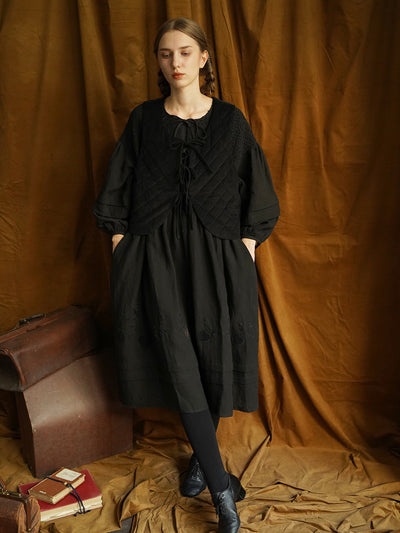 Unlogical Poem Victorian style Floral Embroidered Shirr Black Hemp Dress