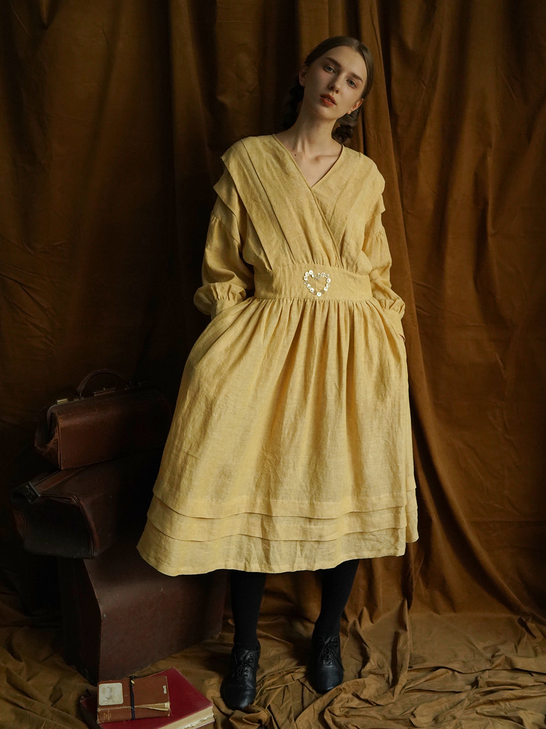 Unlogical Poem Victorian style V-neck Pleated High waist Yellow Dress