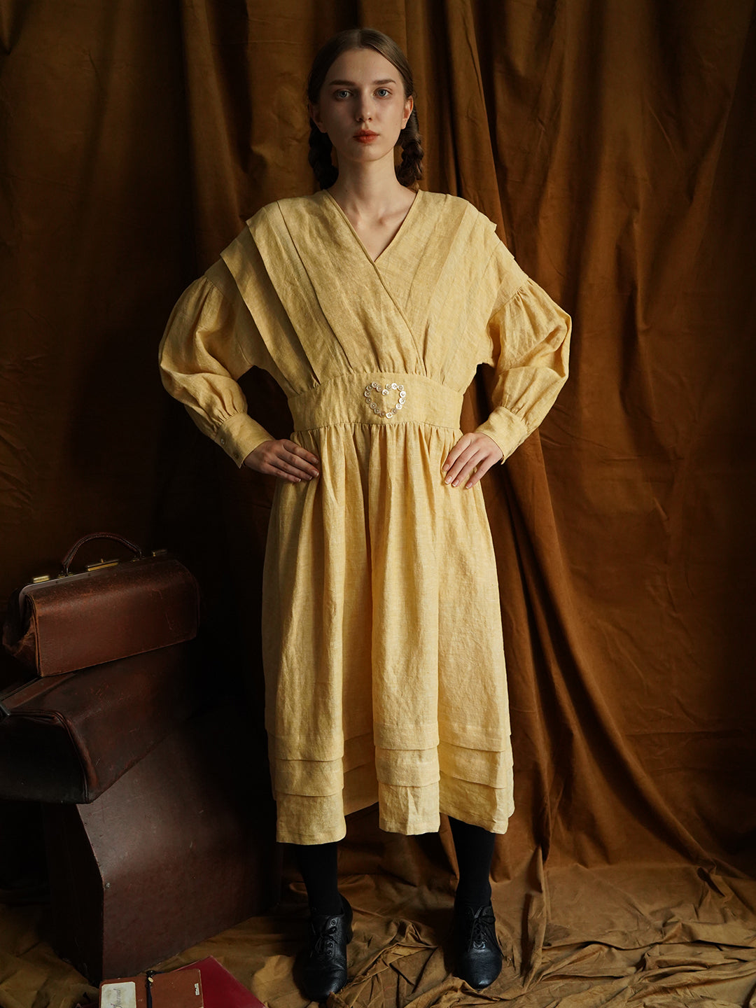 Unlogical Poem Victorian style V-neck Pleated High waist Yellow Dress