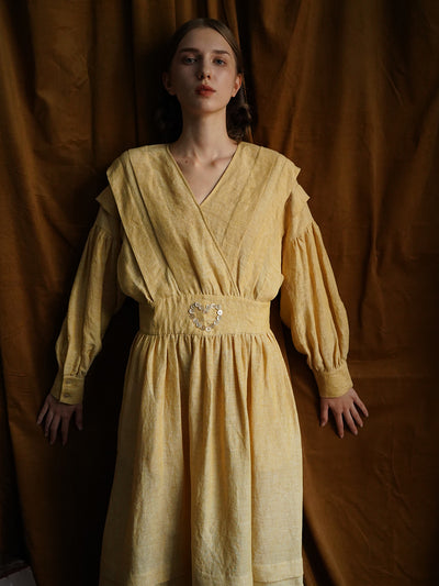 Unlogical Poem Victorian style V-neck Pleated High waist Yellow Dress