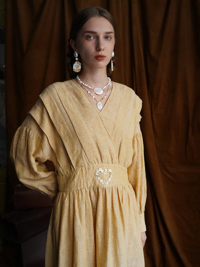 Unlogical Poem Victorian style V-neck Pleated High waist Yellow Dress