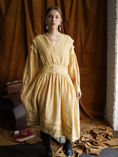 Unlogical Poem Victorian style V-neck Pleated High waist Yellow Dress