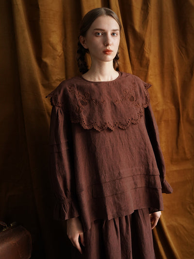 Unlogical Poem Victorian style Hollow Embroidery Brown Shirt