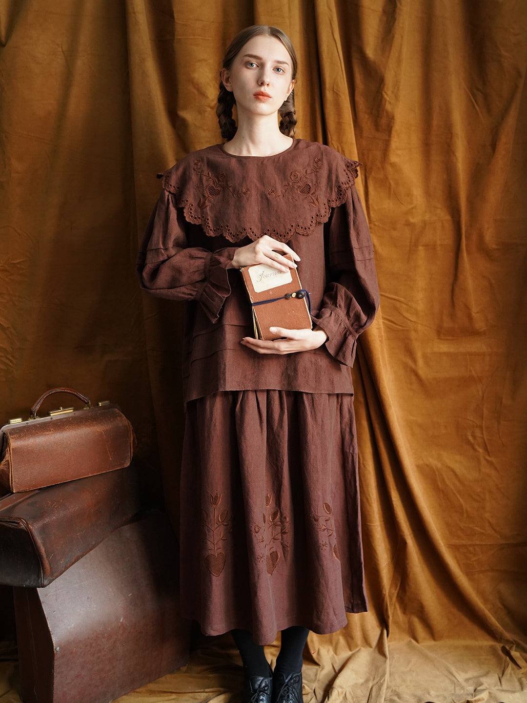 Unlogical Poem Victorian style Hollow Embroidery Brown Shirt