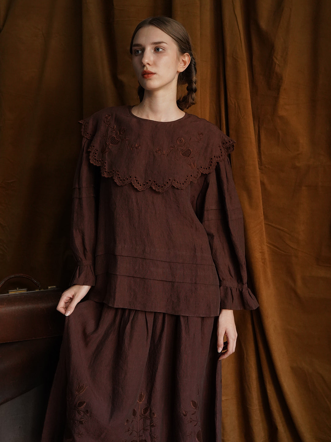 Unlogical Poem Victorian style Hollow Embroidery Brown Shirt