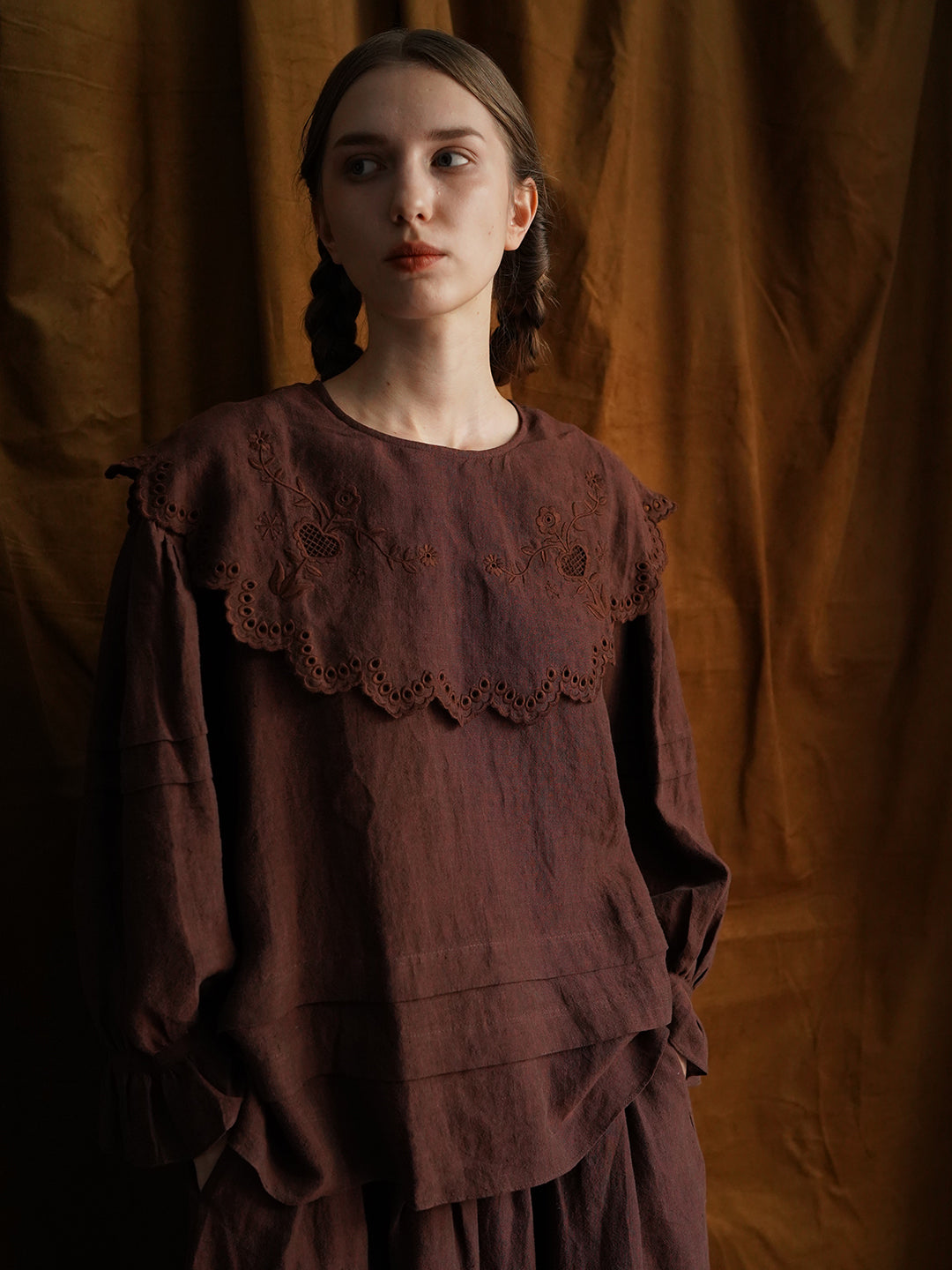 Unlogical Poem Victorian style Hollow Embroidery Brown Shirt