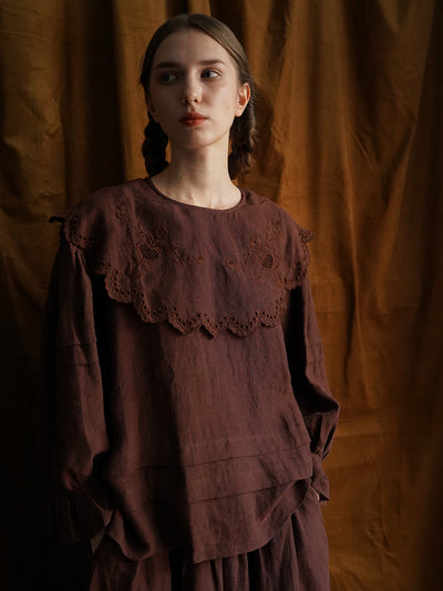 Unlogical Poem Victorian style Hollow Embroidery Brown Shirt