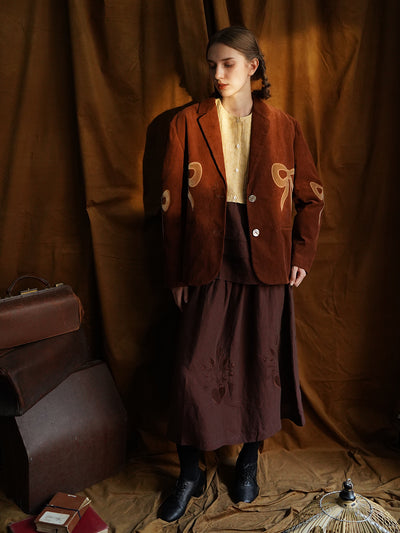 Unlogical Poem Bow-knot Appliques Brown Cotton corduroy Blazer