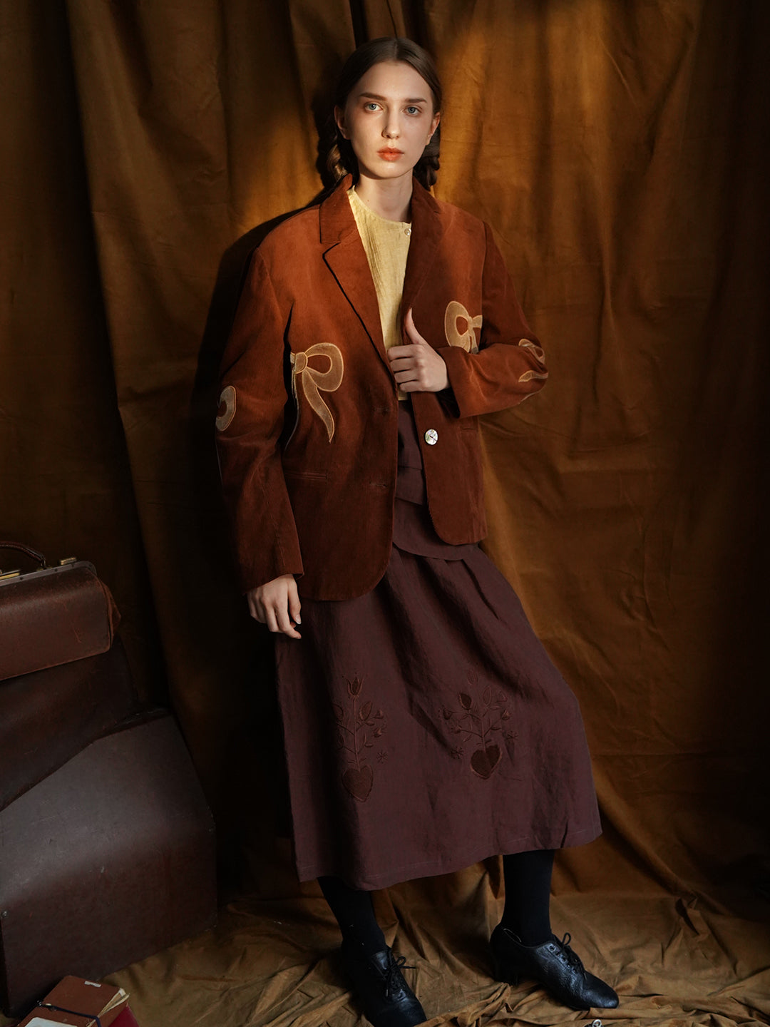 Unlogical Poem Bow-knot Appliques Brown Cotton corduroy Blazer