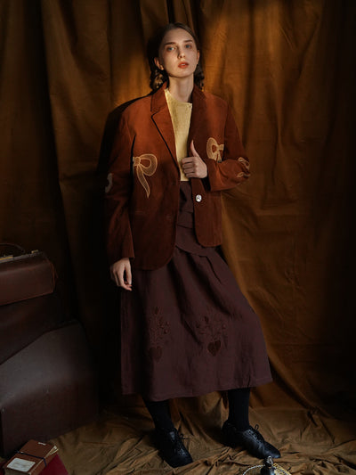 Unlogical Poem Bow-knot Appliques Brown Cotton corduroy Blazer