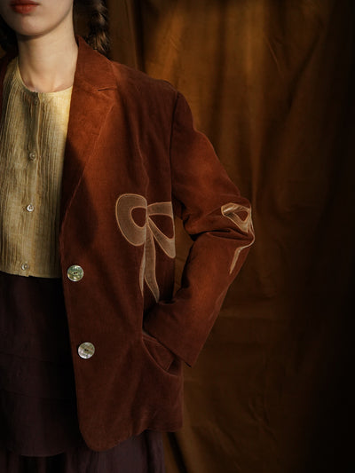 Unlogical Poem Bow-knot Appliques Brown Cotton corduroy Blazer