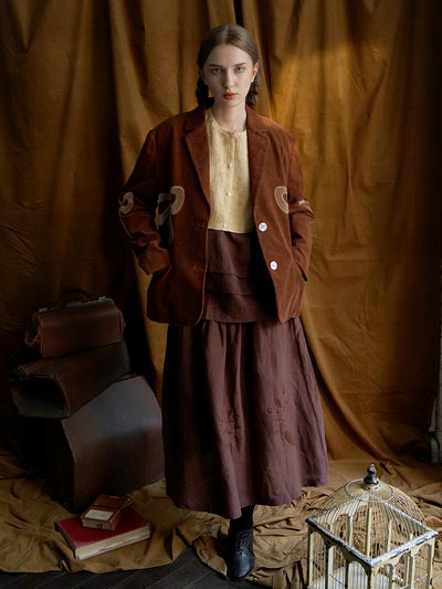 Unlogical Poem Bow-knot Appliques Brown Cotton corduroy Blazer