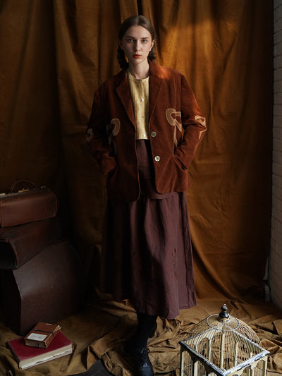 Unlogical Poem Bow-knot Appliques Brown Cotton corduroy Blazer