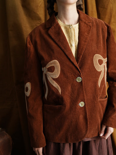 Unlogical Poem Bow-knot Appliques Brown Cotton corduroy Blazer